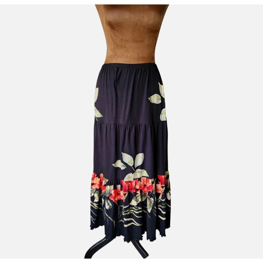 Danielle Maxi Skirt‎ Tropical Floral Size S Black Red Summer Elastic Waist